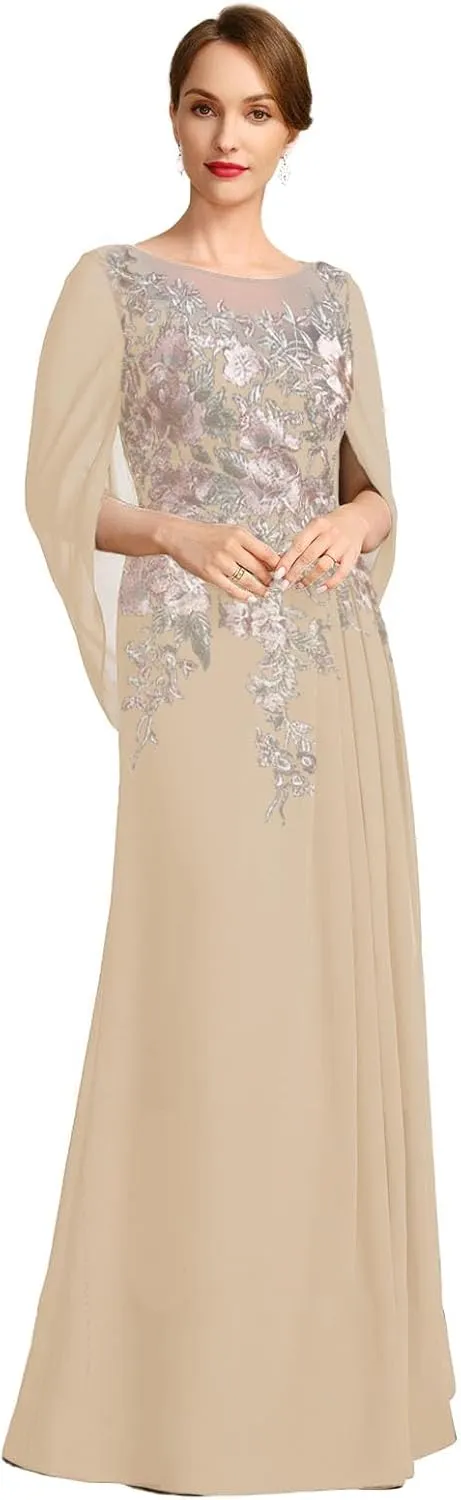 Mermaid Evenings Mother of The Groom Dresses for Wedding Long Embroidered Chiffon Formal Dress with Shawl Cap Sleeves