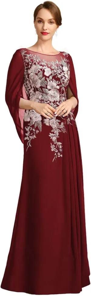 Mermaid Evenings Mother of The Groom Dresses for Wedding Long Embroidered Chiffon Formal Dress with Shawl Cap Sleeves