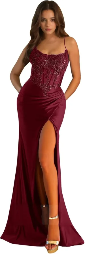 Mermaid Prom Dresses 2025 Spaghetti Straps Lace Appliques Satin Long Corset Formal Evening Gown with Slit