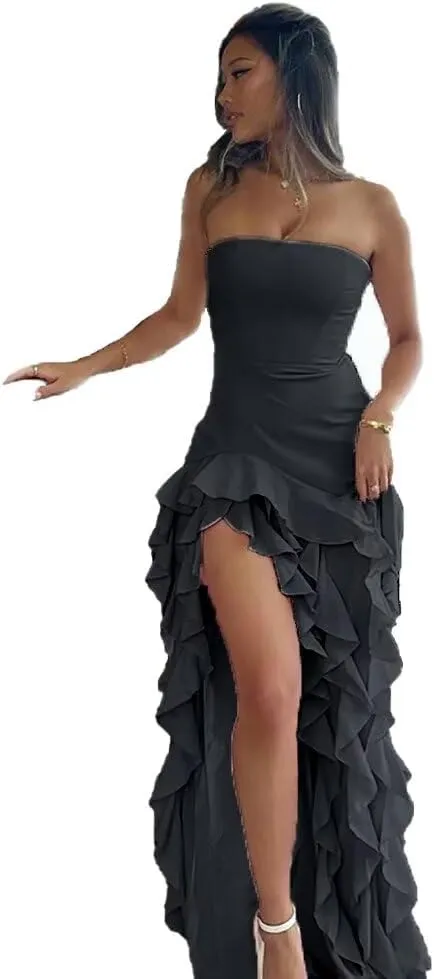 Mermaid Prom Dresses for Women 2025 Strapless Long Party Gown with Cascading Ruffles High Low Evening Dress Yellow