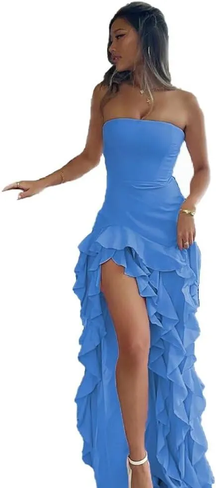 Mermaid Prom Dresses for Women 2025 Strapless Long Party Gown with Cascading Ruffles High Low Evening Dress Yellow