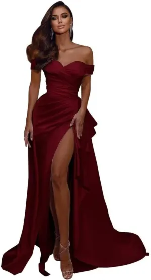 Mermaid Prom Dresses Long Ball Gown with Slit Off Shoulder Satin V-Neck Evening Formal Gown with Train DR0045