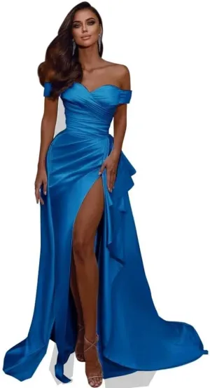Mermaid Prom Dresses Long Ball Gown with Slit Off Shoulder Satin V-Neck Evening Formal Gown with Train DR0045