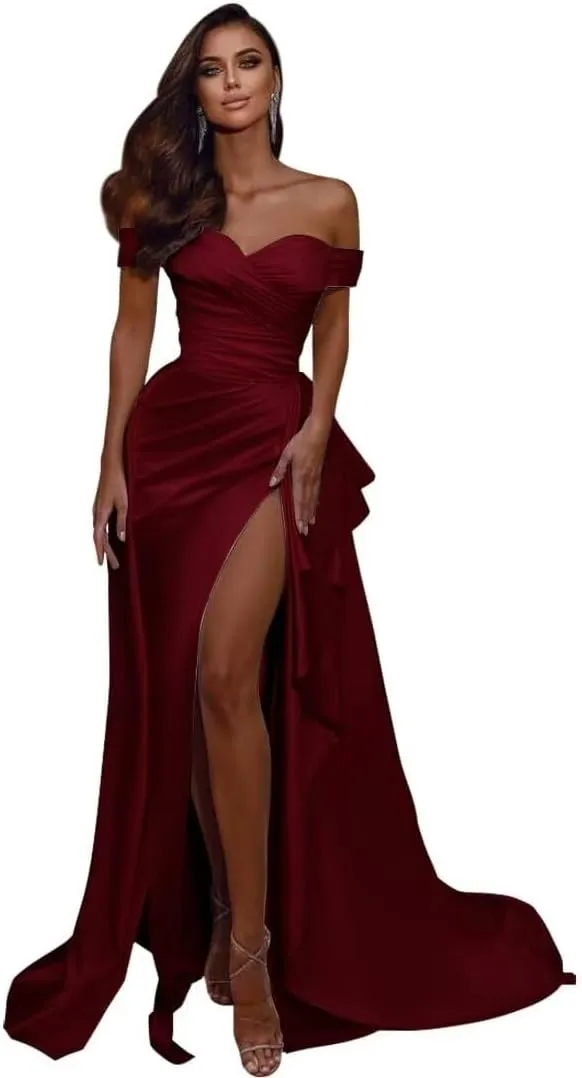 Mermaid Prom Dresses Long Ball Gown with Slit Off Shoulder Satin V-Neck Evening Formal Gown with Train DR0045