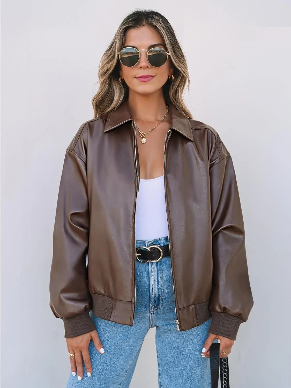 MEROKEETY Women's Oversized Faux Leather Jacket Fall Winter Zip Up Motorcycle Coats Fashion Outfits Clothes 2024