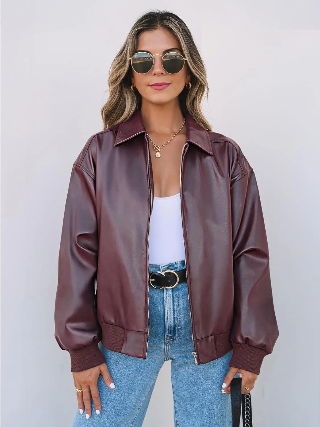 MEROKEETY Women's Oversized Faux Leather Jacket Fall Winter Zip Up Motorcycle Coats Fashion Outfits Clothes 2024