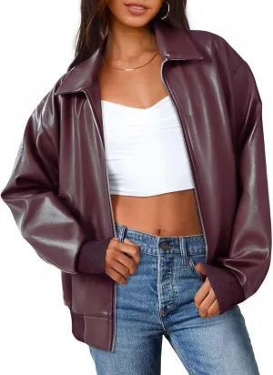 MEROKEETY Women's Oversized Faux Leather Jacket Fall Winter Zip Up Motorcycle Coats Fashion Outfits Clothes 2024