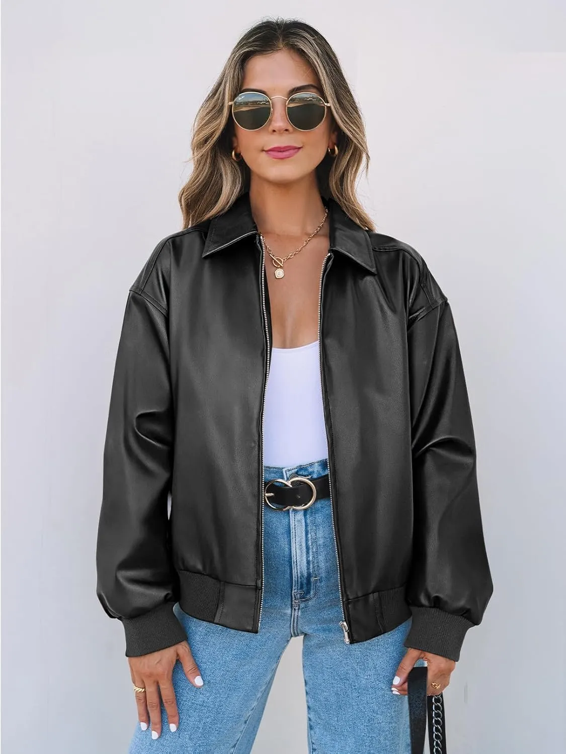 MEROKEETY Women's Oversized Faux Leather Jacket Fall Winter Zip Up Motorcycle Coats Fashion Outfits Clothes 2024
