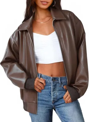 MEROKEETY Women's Oversized Faux Leather Jacket Fall Winter Zip Up Motorcycle Coats Fashion Outfits Clothes 2024