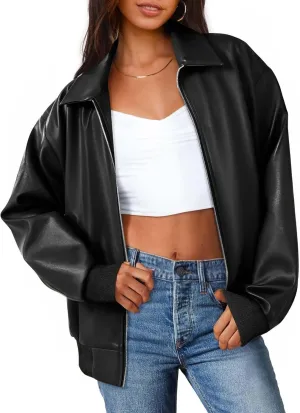MEROKEETY Women's Oversized Faux Leather Jacket Fall Winter Zip Up Motorcycle Coats Fashion Outfits Clothes 2024