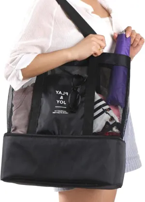 Mesh Shoulder Bag Double Layer Nylon Insulated High Capacity Beach Tote With Cooler Layer Outdoor Black
