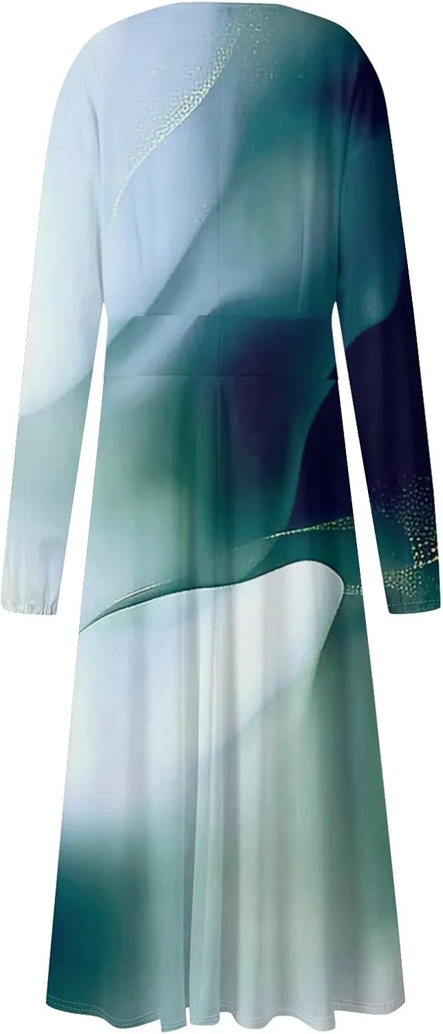 Midi Long Sleeve Dress for Women Spring V Neck High Waist Wrap Dress Floral Puff Sleeve Pleated Dress Party Dress