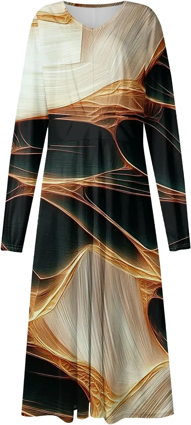 Midi Long Sleeve Dress for Women Spring V Neck High Waist Wrap Dress Floral Puff Sleeve Pleated Dress Party Dress