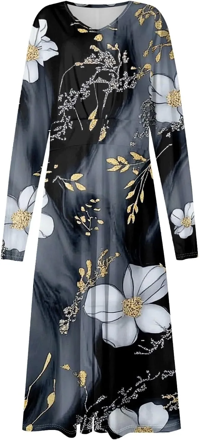 Midi Long Sleeve Dress for Women Spring V Neck High Waist Wrap Dress Floral Puff Sleeve Pleated Dress Party Dress
