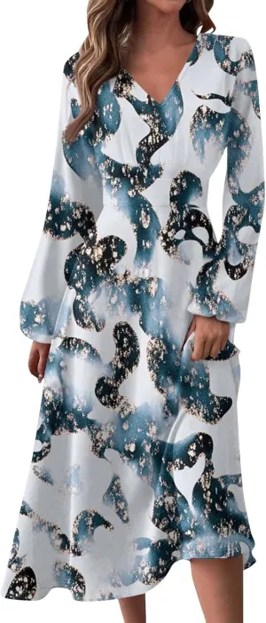 Midi Long Sleeve Dress for Women Spring V Neck High Waist Wrap Dress Floral Puff Sleeve Pleated Dress Party Dress