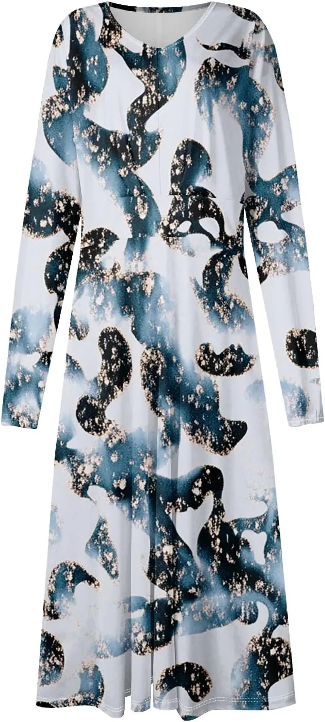 Midi Long Sleeve Dress for Women Spring V Neck High Waist Wrap Dress Floral Puff Sleeve Pleated Dress Party Dress