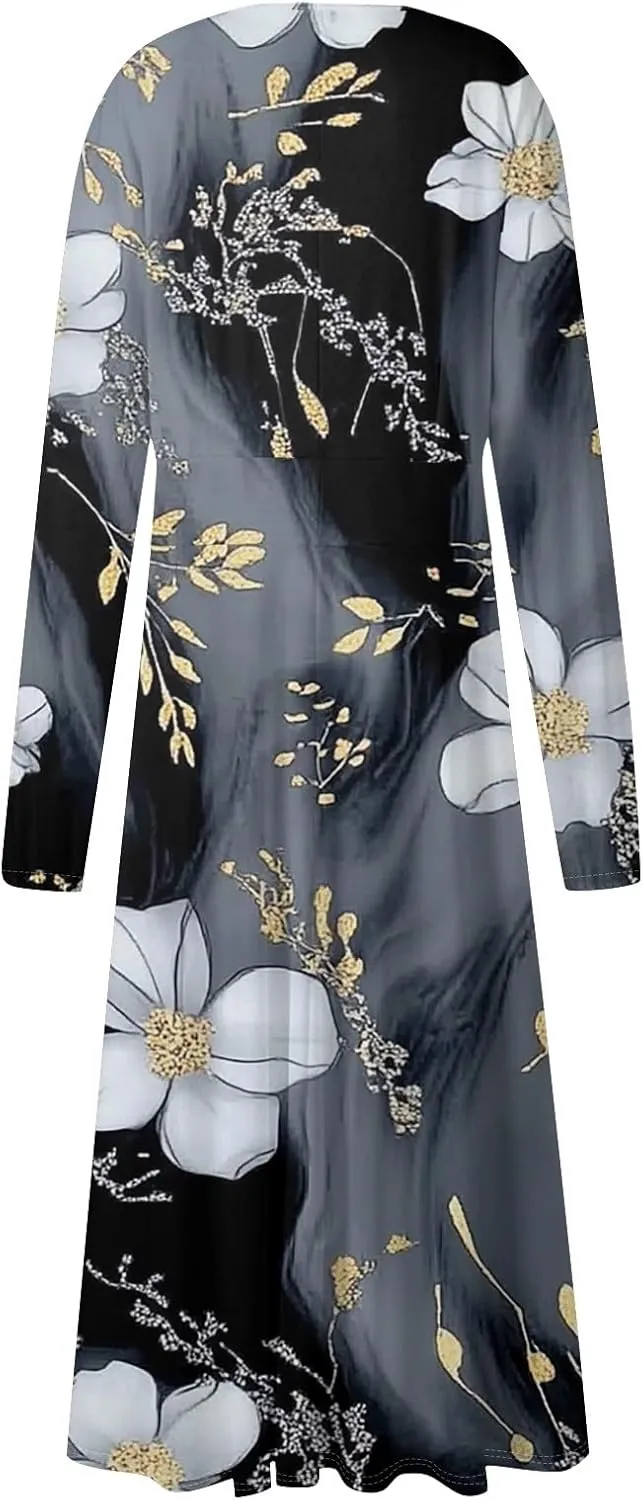 Midi Long Sleeve Dress for Women Spring V Neck High Waist Wrap Dress Floral Puff Sleeve Pleated Dress Party Dress