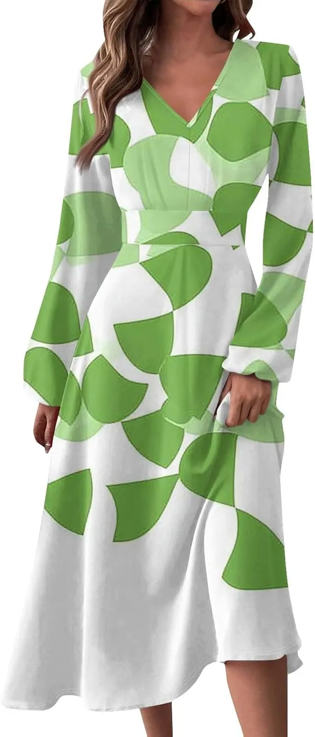Midi Long Sleeve Dress for Women Spring V Neck High Waist Wrap Dress Floral Puff Sleeve Pleated Dress Party Dress