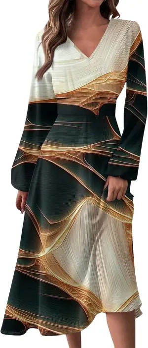 Midi Long Sleeve Dress for Women Spring V Neck High Waist Wrap Dress Floral Puff Sleeve Pleated Dress Party Dress