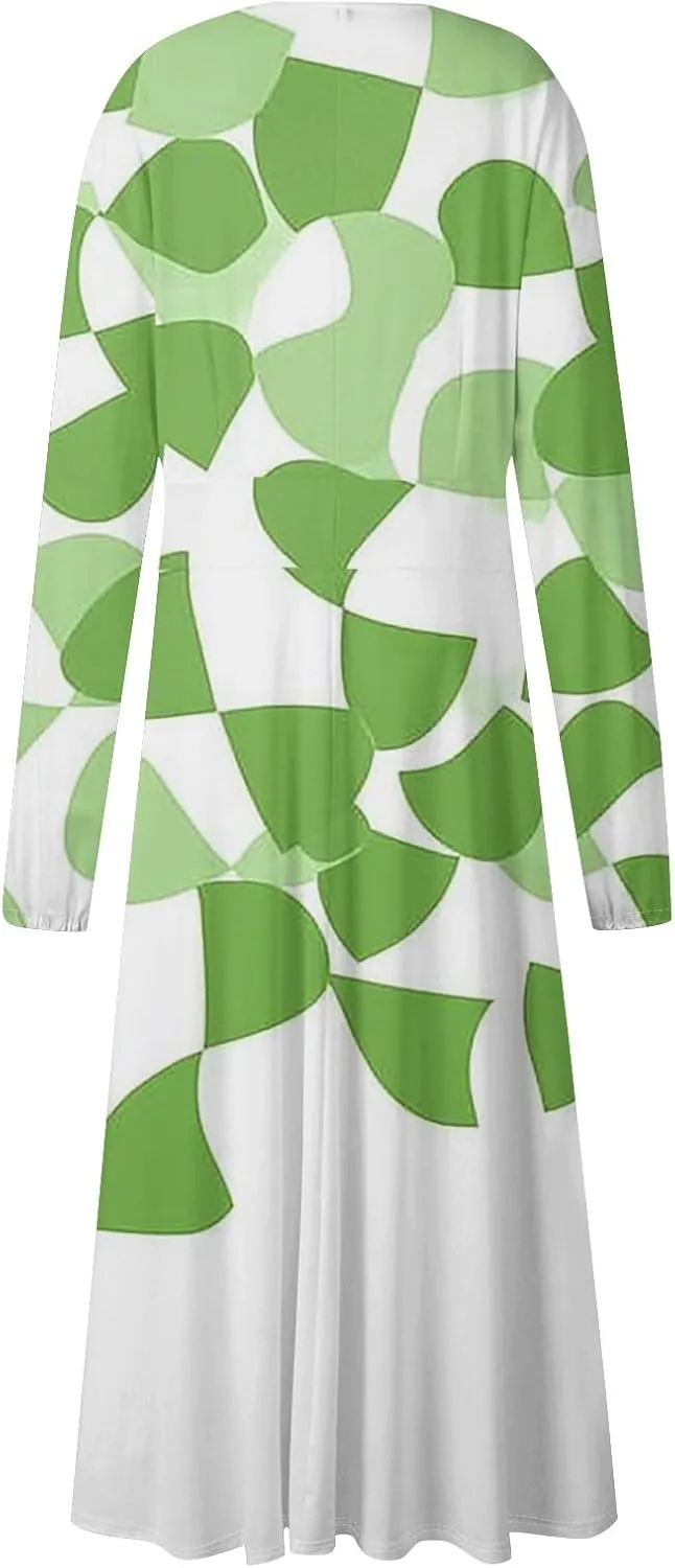 Midi Long Sleeve Dress for Women Spring V Neck High Waist Wrap Dress Floral Puff Sleeve Pleated Dress Party Dress