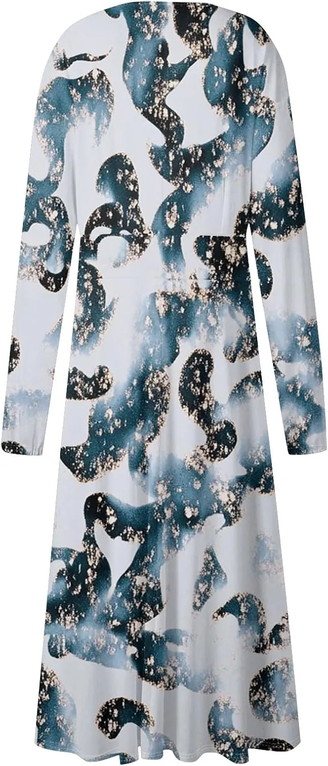 Midi Long Sleeve Dress for Women Spring V Neck High Waist Wrap Dress Floral Puff Sleeve Pleated Dress Party Dress