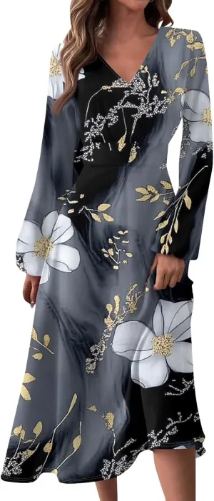 Midi Long Sleeve Dress for Women Spring V Neck High Waist Wrap Dress Floral Puff Sleeve Pleated Dress Party Dress