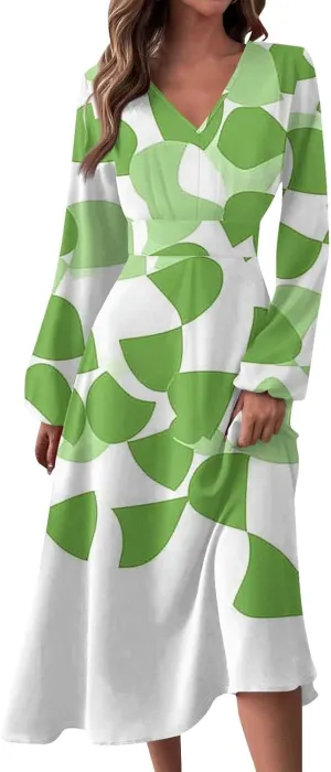 Midi Long Sleeve Dress for Women Spring V Neck High Waist Wrap Dress Floral Puff Sleeve Pleated Dress Party Dress