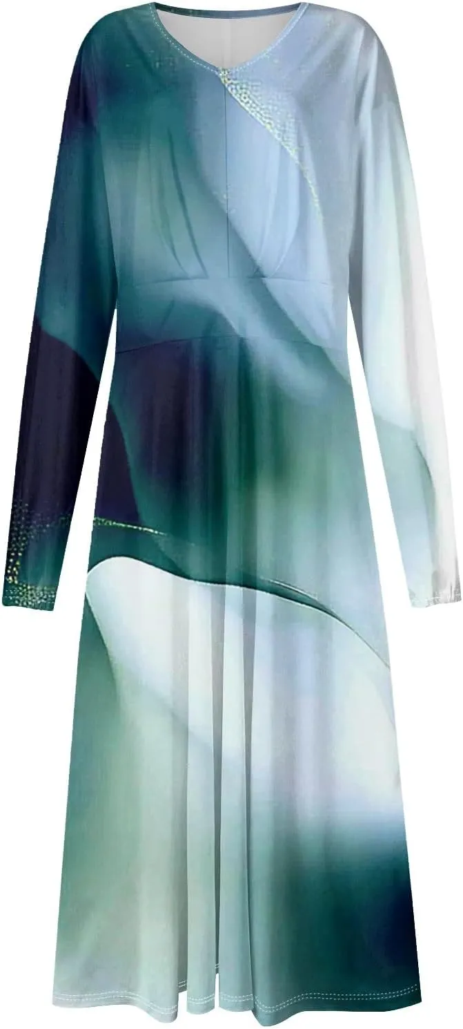 Midi Long Sleeve Dress for Women Spring V Neck High Waist Wrap Dress Floral Puff Sleeve Pleated Dress Party Dress