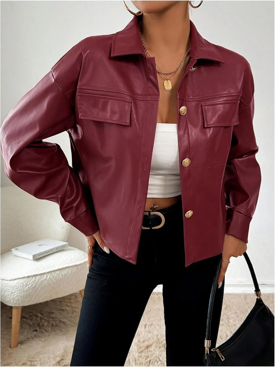 Milumia Women's Pu Leather Long Sleeve Jacket Button Front Motorcycle Coats