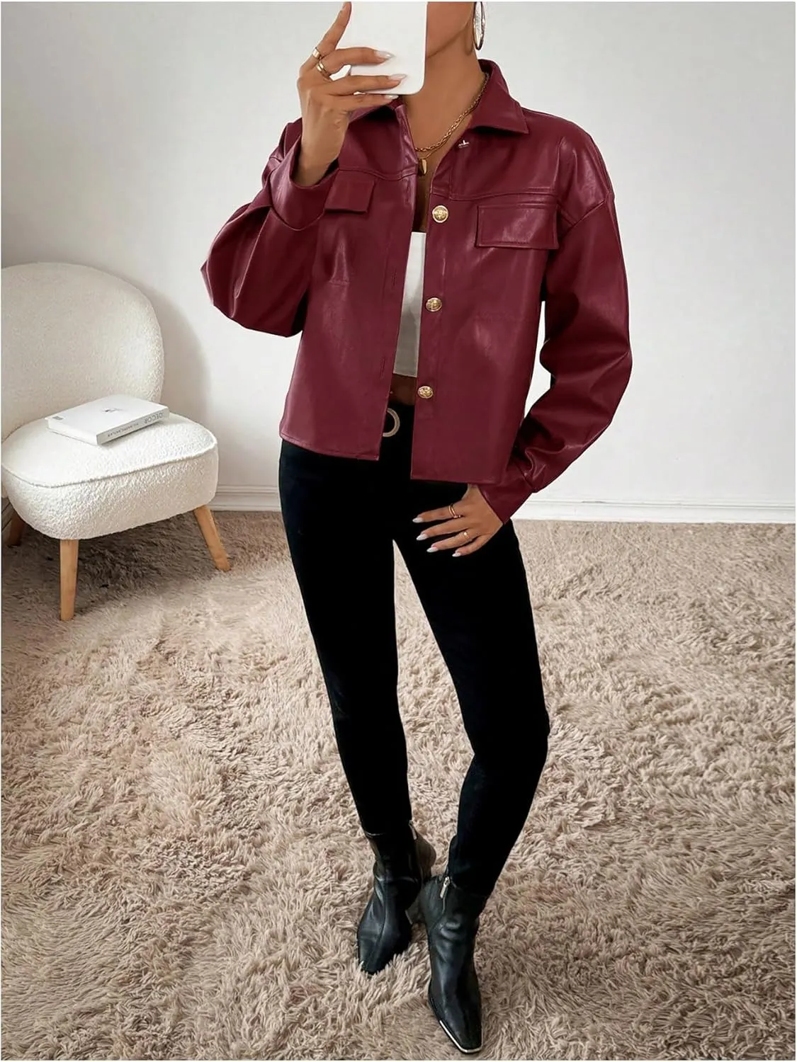 Milumia Women's Pu Leather Long Sleeve Jacket Button Front Motorcycle Coats