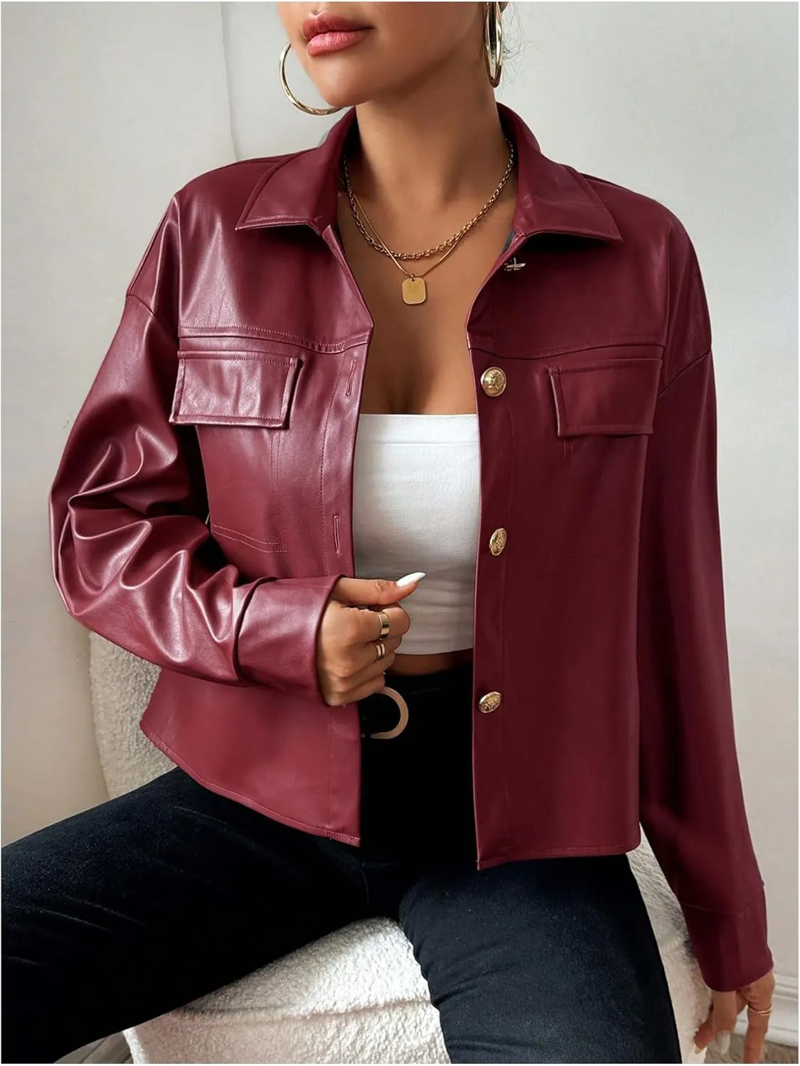 Milumia Women's Pu Leather Long Sleeve Jacket Button Front Motorcycle Coats