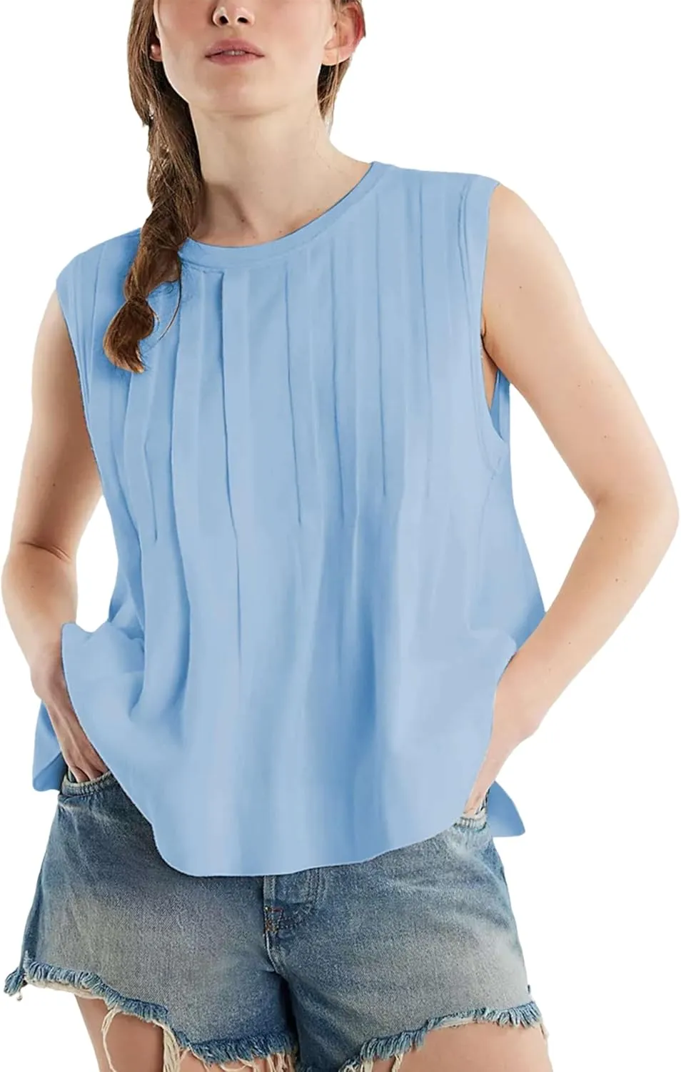 Mingzhu Women's Summer Pleated Ruffle Hem Babydoll Vest Shirt Y2K Peplum Sleeveless Tank Top Casual Loose Fit
