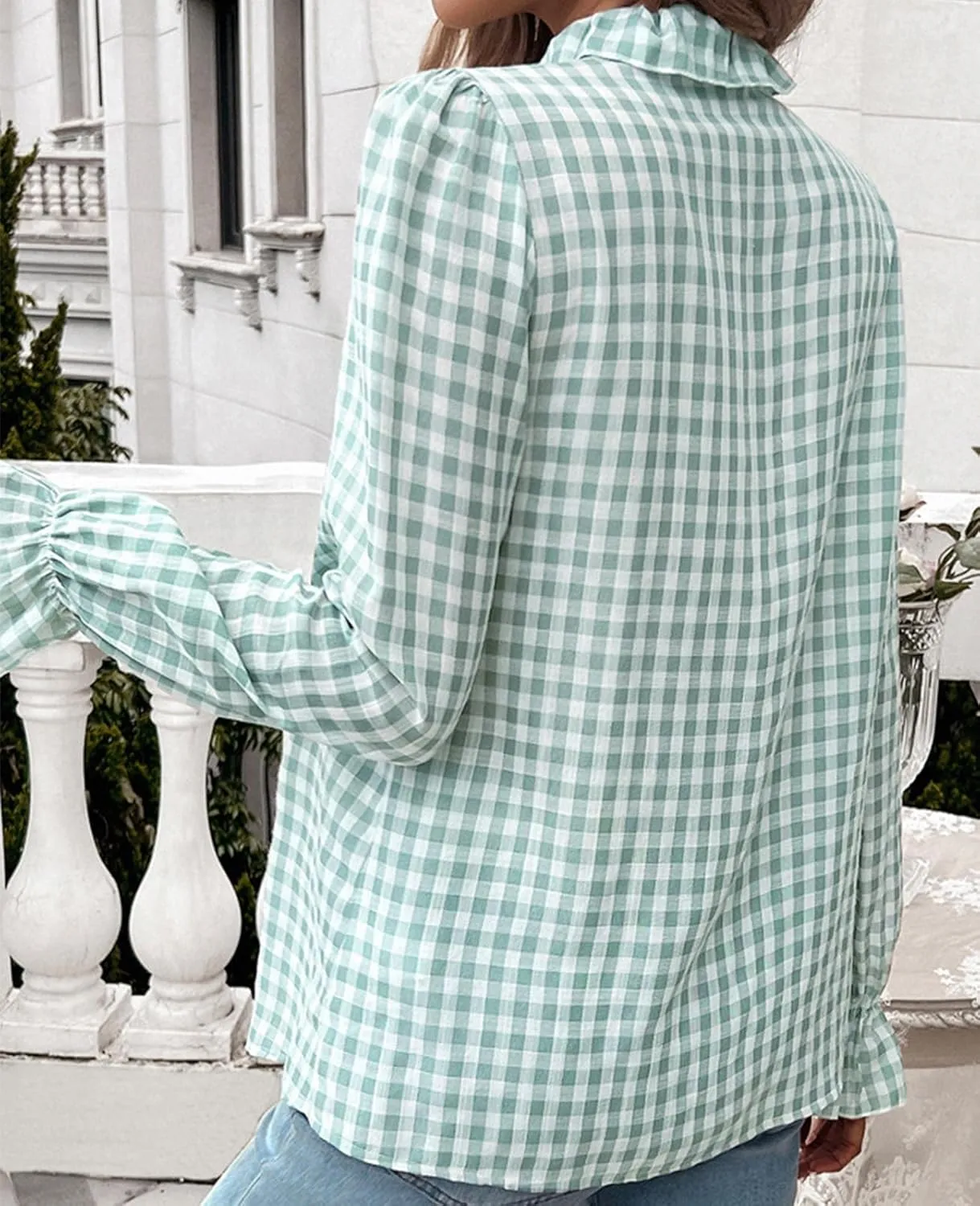 MINTLIMIT Womens Plaid Blouse Peasant Button Down Ruffle Neck Plaid Puff Long Sleeve Gingham Blouse Shirts