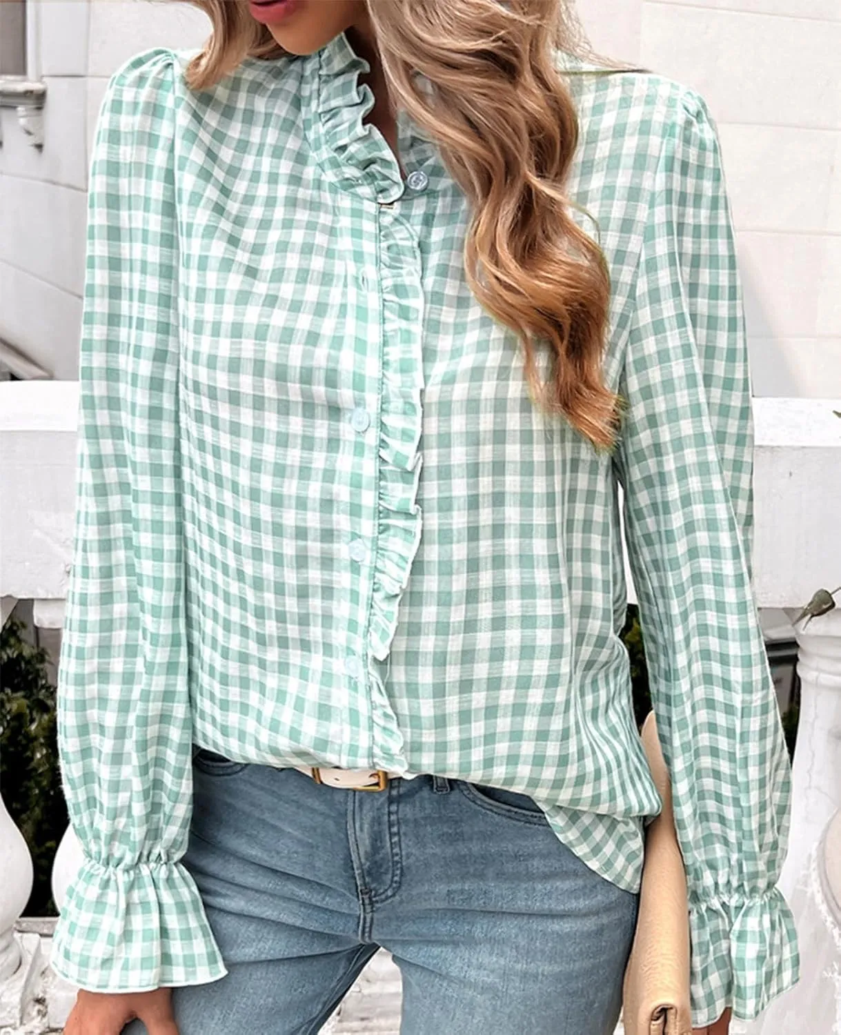 MINTLIMIT Womens Plaid Blouse Peasant Button Down Ruffle Neck Plaid Puff Long Sleeve Gingham Blouse Shirts