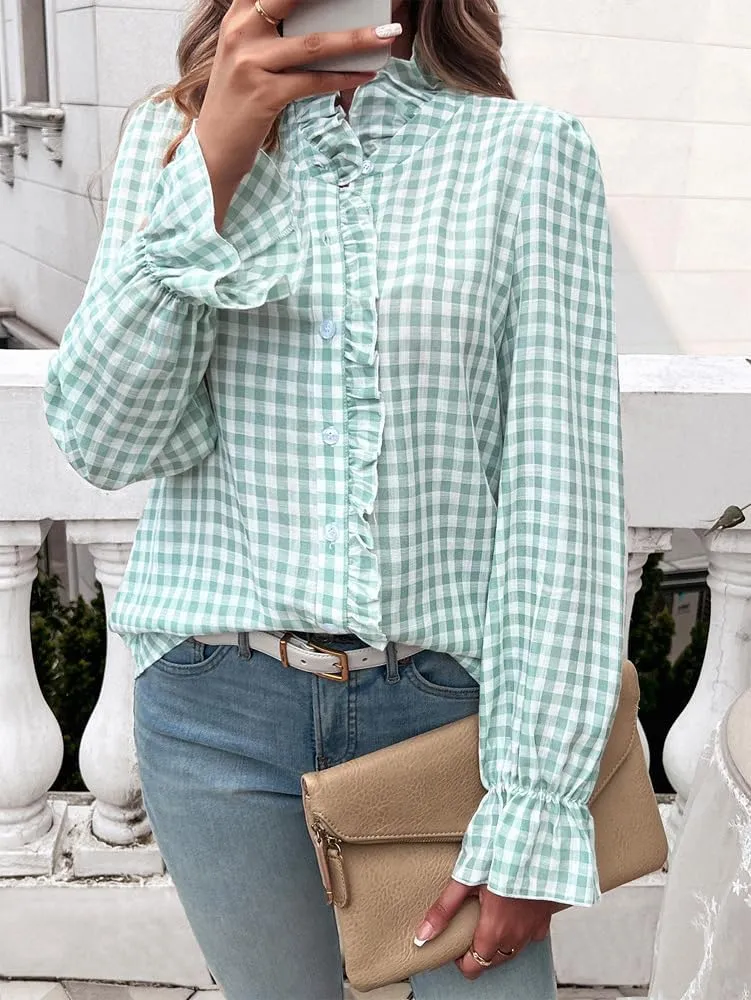 MINTLIMIT Womens Plaid Blouse Peasant Button Down Ruffle Neck Plaid Puff Long Sleeve Gingham Blouse Shirts