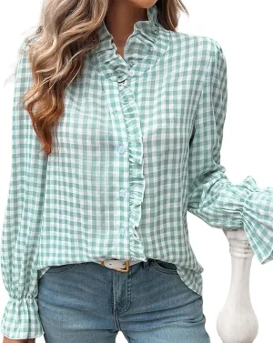 MINTLIMIT Womens Plaid Blouse Peasant Button Down Ruffle Neck Plaid Puff Long Sleeve Gingham Blouse Shirts