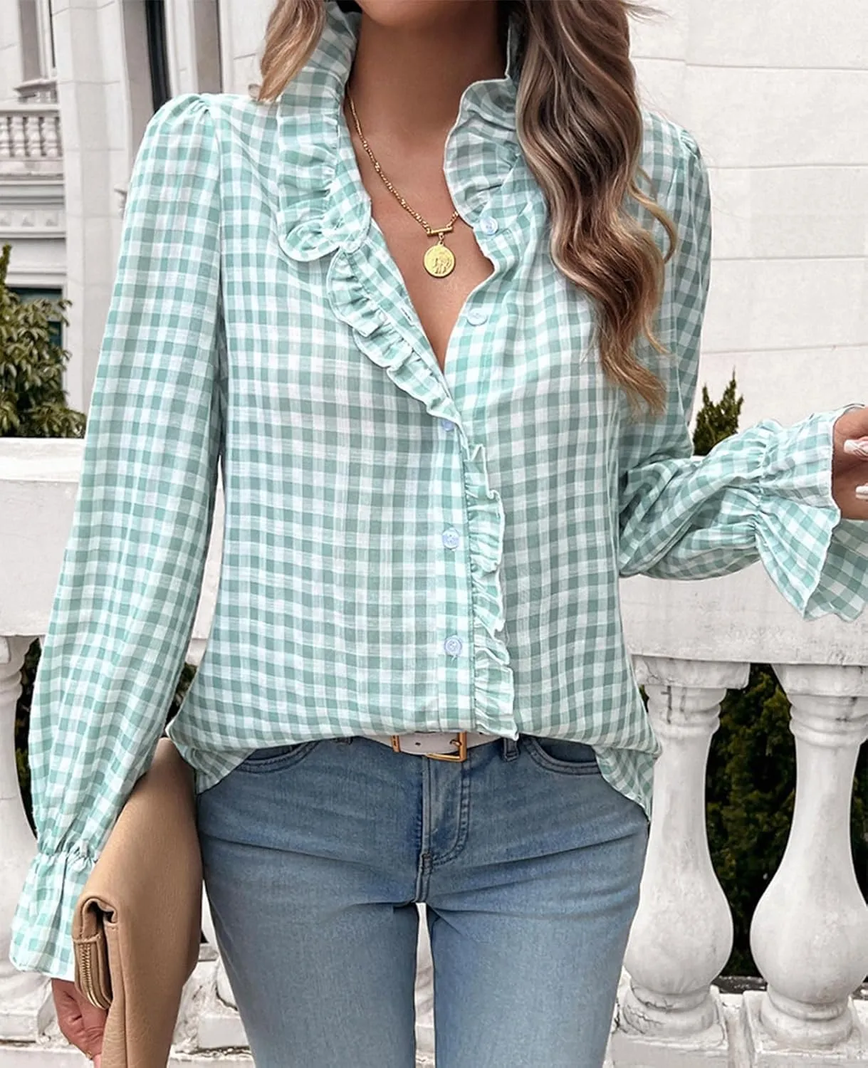 MINTLIMIT Womens Plaid Blouse Peasant Button Down Ruffle Neck Plaid Puff Long Sleeve Gingham Blouse Shirts