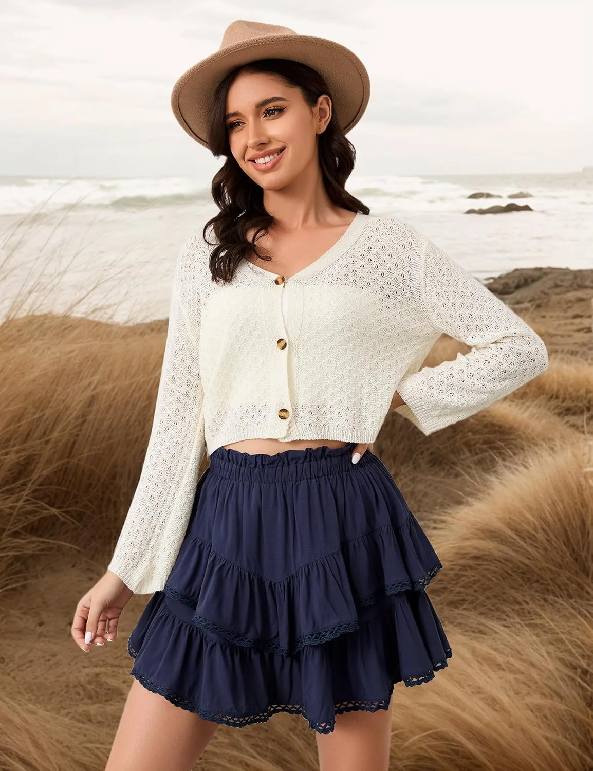 MISSACTIVER Womens Flowy Ruffle Tiered Shorts Elastic High Waist Pleated Mini Skirt Boho Crochet Skort
