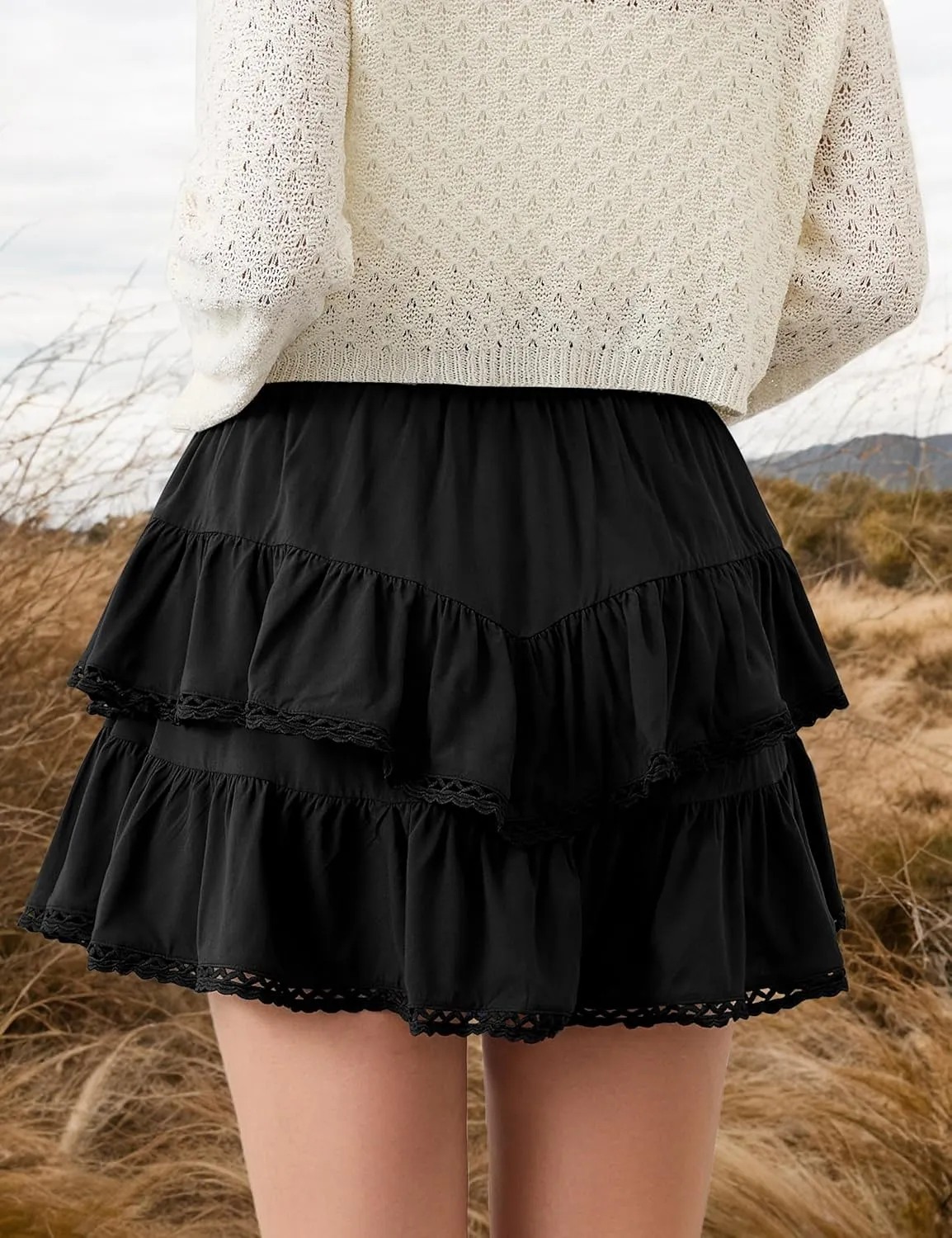 MISSACTIVER Womens Flowy Ruffle Tiered Shorts Elastic High Waist Pleated Mini Skirt Boho Crochet Skort