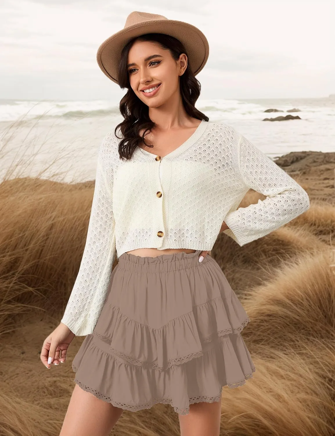 MISSACTIVER Womens Flowy Ruffle Tiered Shorts Elastic High Waist Pleated Mini Skirt Boho Crochet Skort