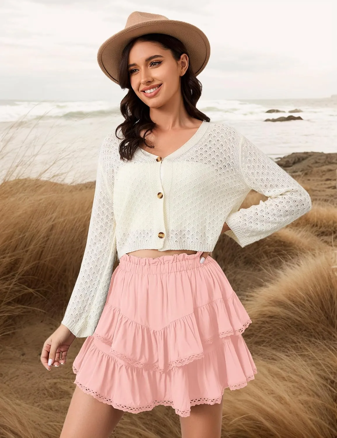 MISSACTIVER Womens Flowy Ruffle Tiered Shorts Elastic High Waist Pleated Mini Skirt Boho Crochet Skort
