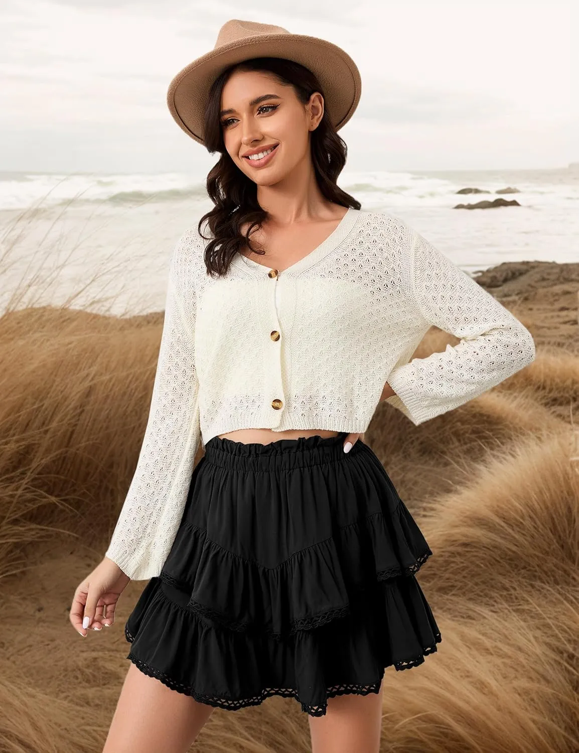 MISSACTIVER Womens Flowy Ruffle Tiered Shorts Elastic High Waist Pleated Mini Skirt Boho Crochet Skort