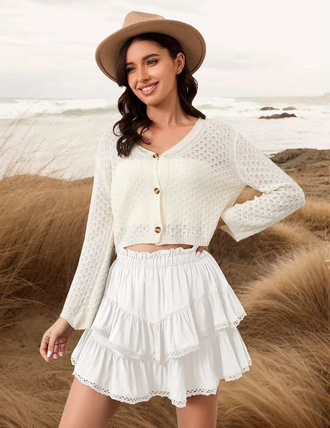 MISSACTIVER Womens Flowy Ruffle Tiered Shorts Elastic High Waist Pleated Mini Skirt Boho Crochet Skort