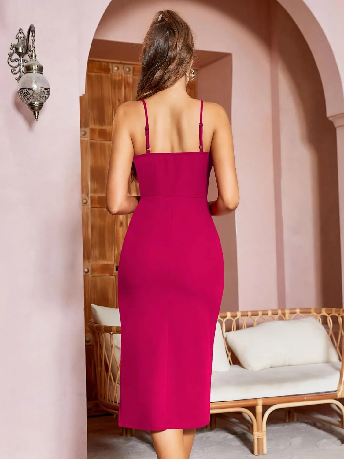 Missufe Women's Wrap V Neck Sleeveless Spaghetti Strap Ruched Bodycon Midi Slit Summer Party Cocktail Dress