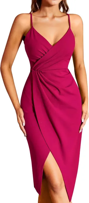 Missufe Women's Wrap V Neck Sleeveless Spaghetti Strap Ruched Bodycon Midi Slit Summer Party Cocktail Dress
