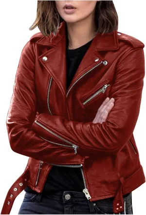 Motorcycle Jackets for Women Faux Leather Full Zip Up Trendy Casual Plus Size Slim Fitted Fall Short Coat with Belt