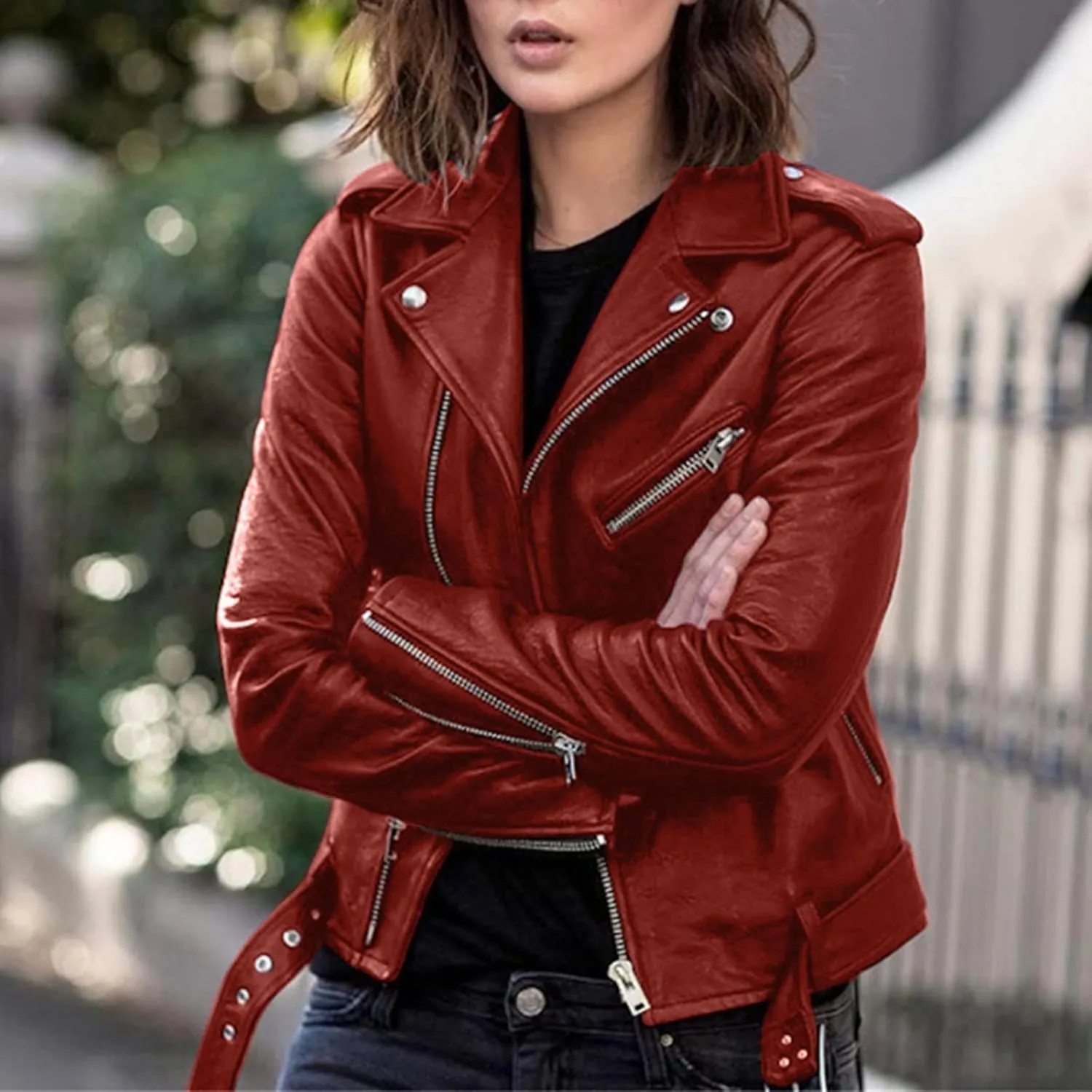 Motorcycle Jackets for Women Faux Leather Full Zip Up Trendy Casual Plus Size Slim Fitted Fall Short Coat with Belt