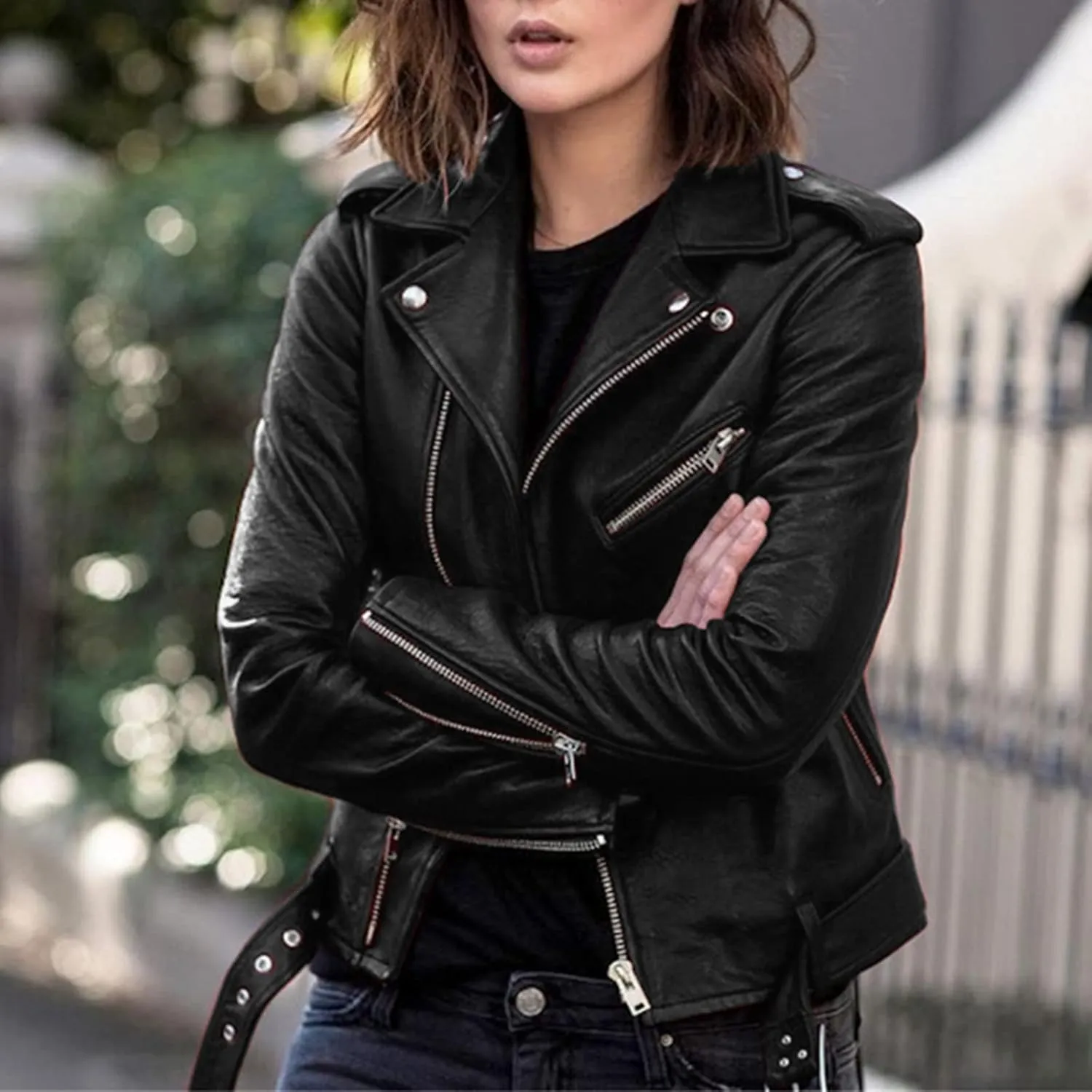 Motorcycle Jackets for Women Faux Leather Full Zip Up Trendy Casual Plus Size Slim Fitted Fall Short Coat with Belt