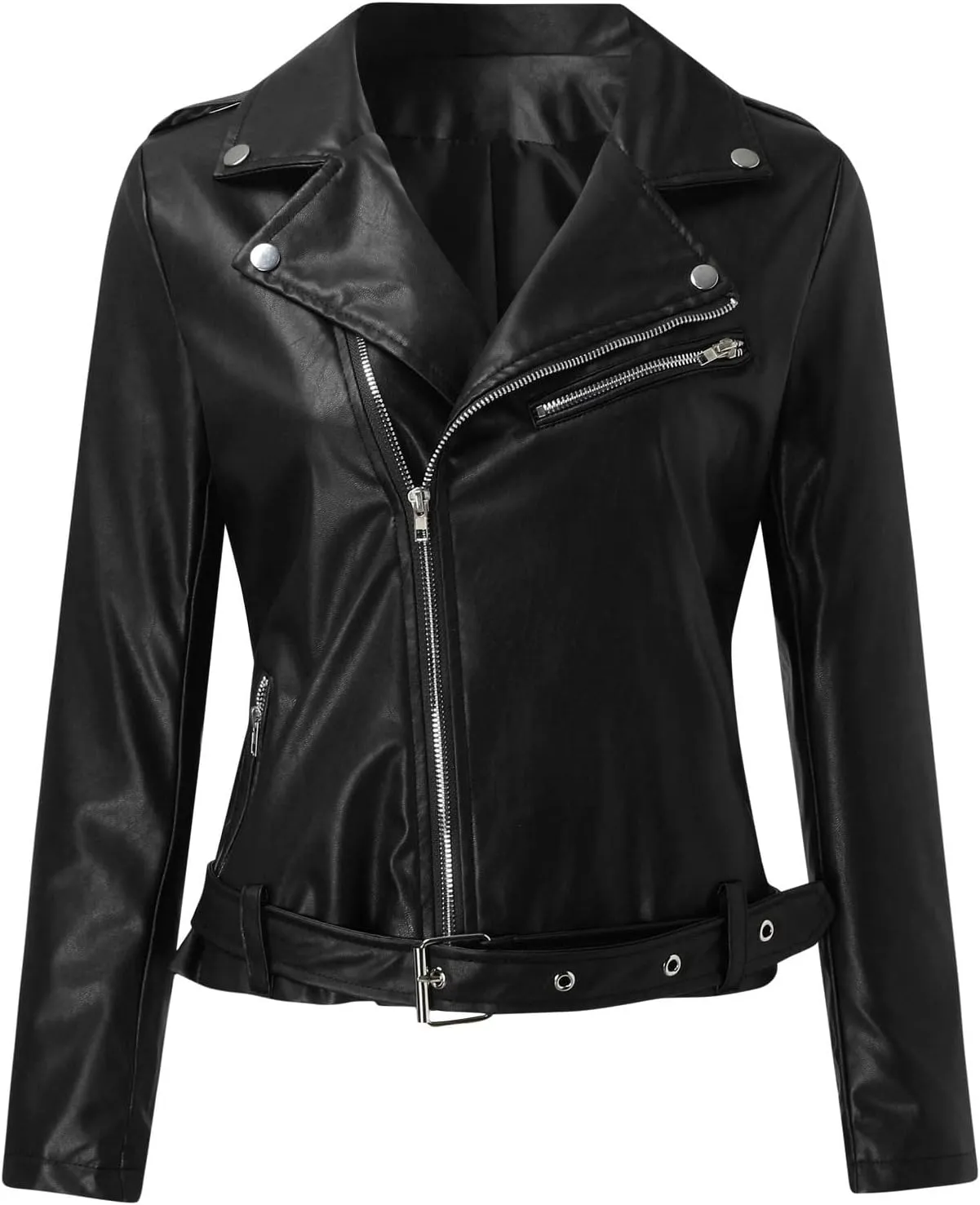 Motorcycle Jackets for Women Faux Leather Full Zip Up Trendy Casual Plus Size Slim Fitted Fall Short Coat with Belt