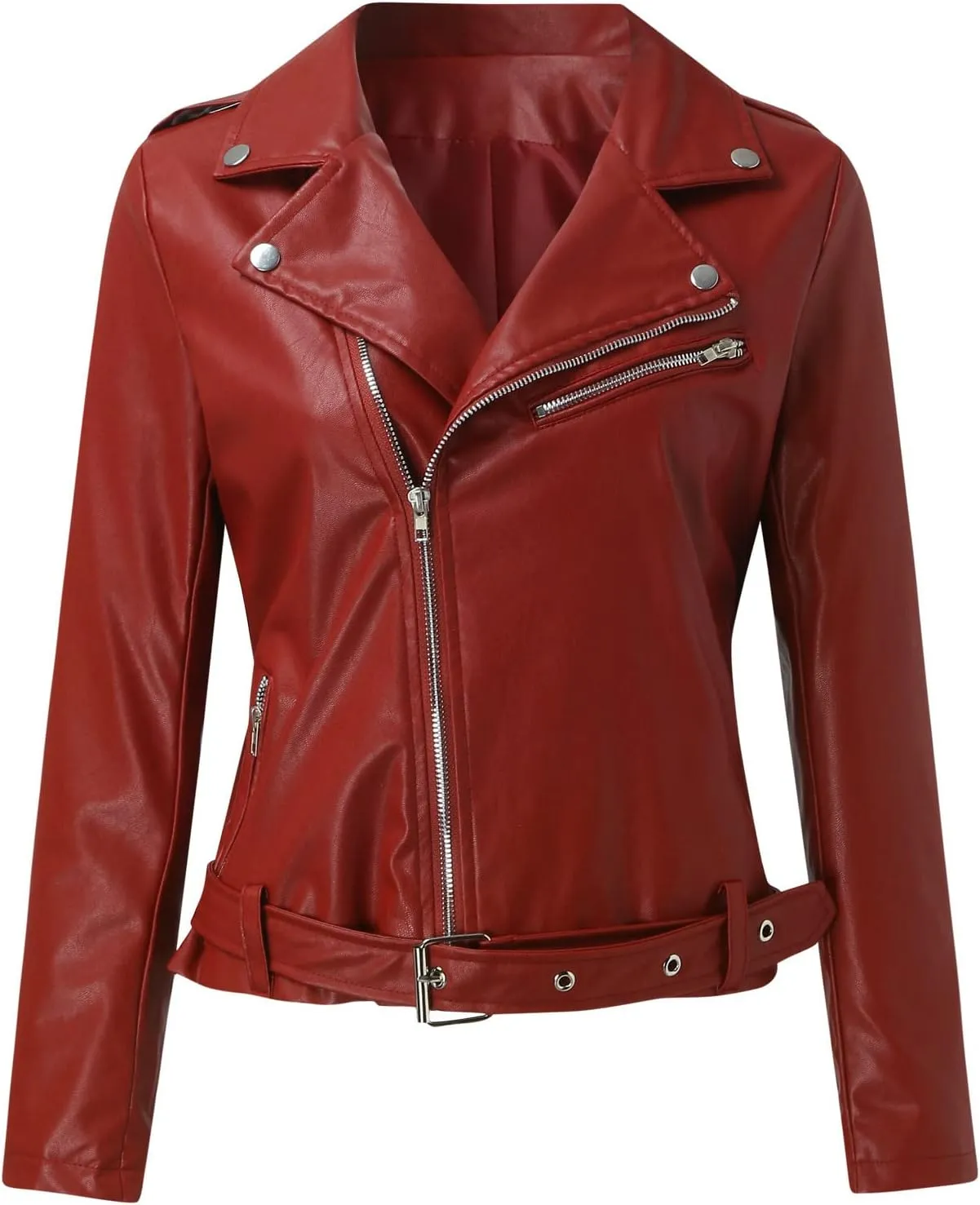 Motorcycle Jackets for Women Faux Leather Full Zip Up Trendy Casual Plus Size Slim Fitted Fall Short Coat with Belt